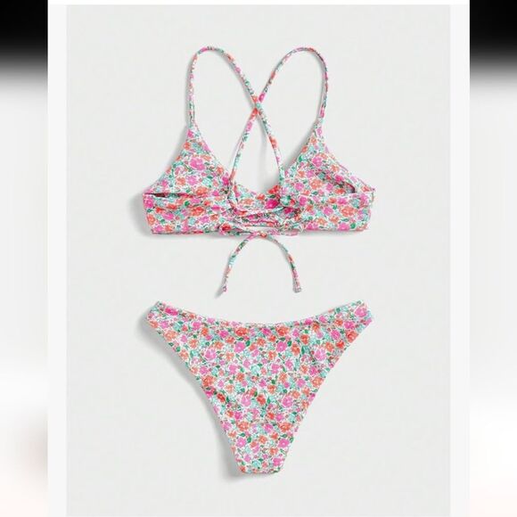 Shein Women's Ditsy Floral Criss-Cross Backless Bikini Swim Set Size Medium NEW - Picture 4 of 9